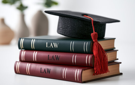 Stack of Law Books with Graduation Cap Symbolizing Legal Education and Achievement