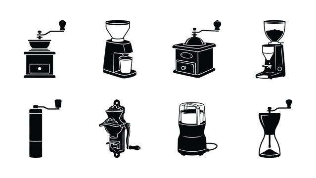 Eight vintage coffee grinders and brewers illustration