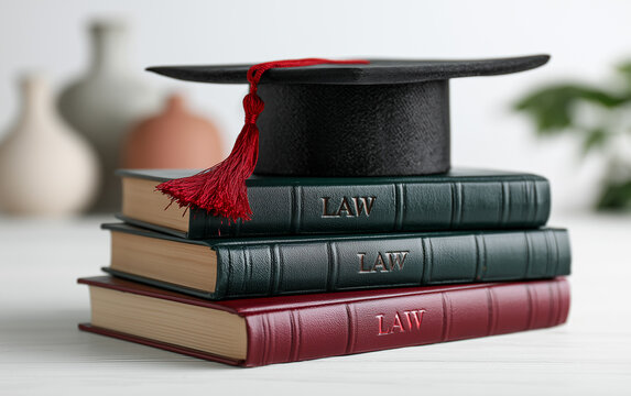 Stack of Law Books with Graduation Cap Symbolizing Legal Education and Achievement