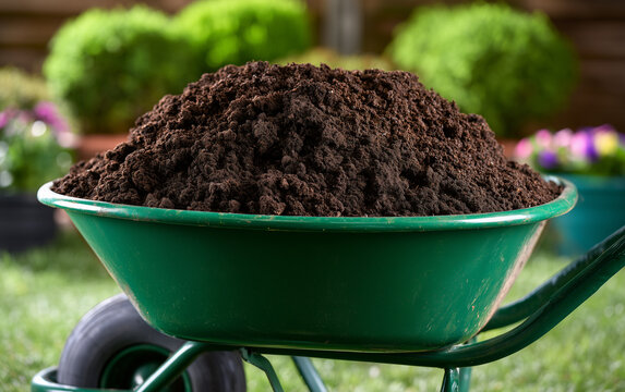 Rich, Dark Soil Filling a Green Wheelbarrow Ready for Garden Planting