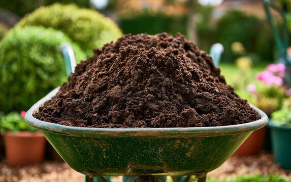 Rich, Dark Soil Filling a Green Wheelbarrow Ready for Garden Planting