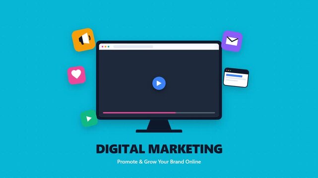 Digital Marketing Concept with Computer Monitor and Social Media Icons