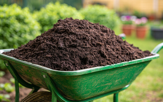 Rich, Dark Soil Filling a Green Wheelbarrow Ready for Garden Planting