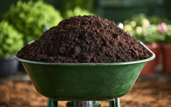 Rich, Dark Soil Filling a Green Wheelbarrow Ready for Garden Planting