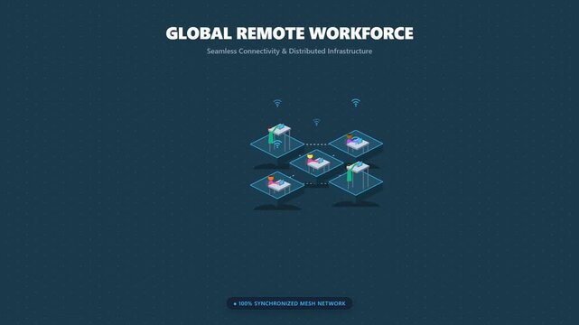 Isometric illustration of a global remote workforce and distributed network infrastructure.