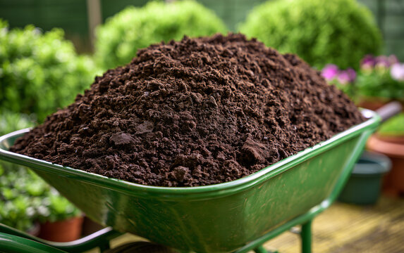 Rich, Dark Soil Filling a Green Wheelbarrow Ready for Garden Planting