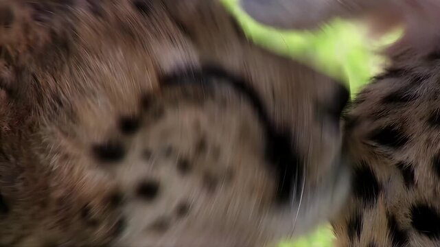 Close-up of a cheetah licking its fur in a natural green environment