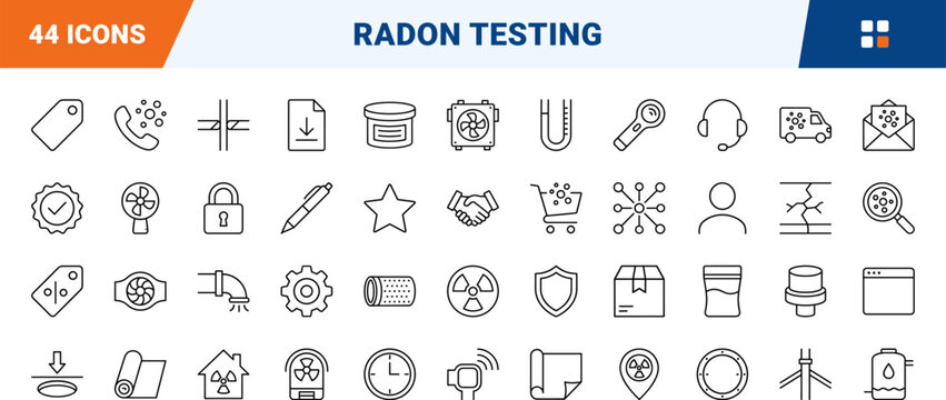 Radon testing website line icon set. Vector pictograms of mitigation, gas, detector, and air elements, thin linear illustration.
