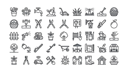 A large collection of gardening tools and outdoor equipment line icons for hobby and nature activities and landscaping © MARUF