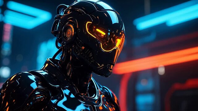 Cyborg warrior in glowing neon space