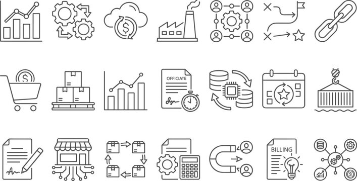 Business Supply Chain Logistics Operations and Manufacturing Line Icon Set for Enterprise Resource Planning Corporate Distribution Financial Accounting and Digital Commerce Materials