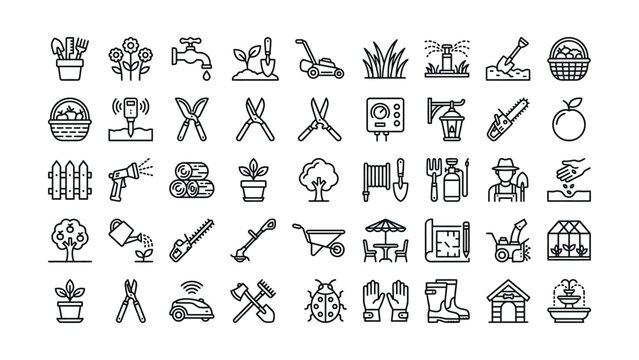 A large collection of gardening tools and outdoor equipment line icons for hobby and nature activities and landscaping