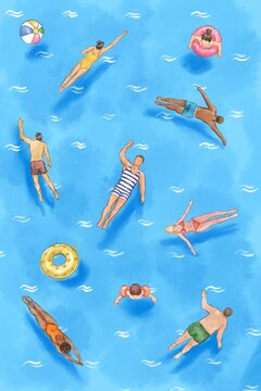 Hand Drawn Summer Swimmers Seamless Pattern with People Floating in Blue Water, Watercolor Illustration