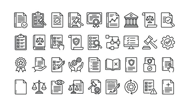 Comprehensive collection of modern outline icons depicting law justice document management and compliance processes