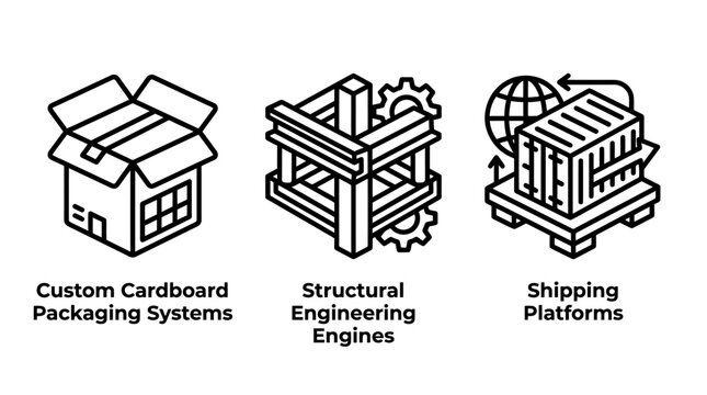 Logistics and engineering icon set featuring custom cardboard packaging systems structural engineering engines and shipping platforms logistics packaging shipping engineering cardboard platform