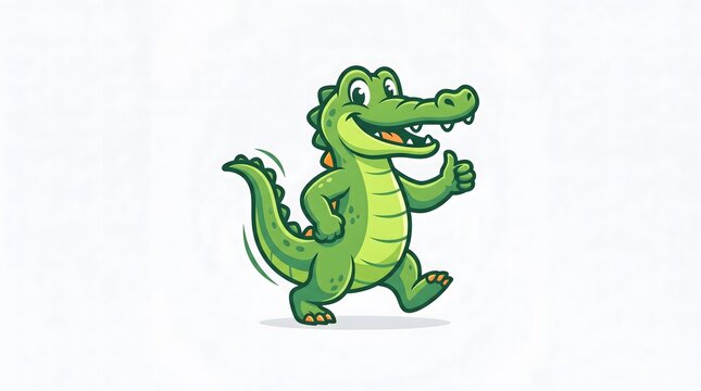 A cheerful and friendly green cartoon crocodile character walking with a happy expression and giving a thumbs-up sign, isolated on a clean white background
