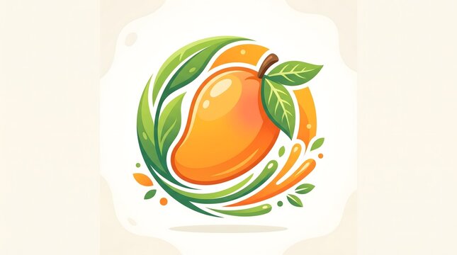 Vibrant vector illustration of a fresh mango fruit with green leaves and colorful splashes, isolated on a light background
