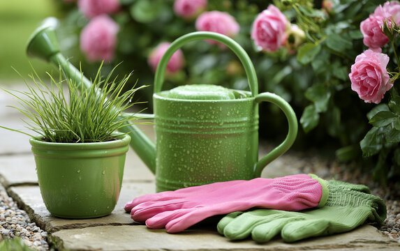Green watering can and gardening gloves rest on stone path beside potted plant with pink flowers blooming in garden background