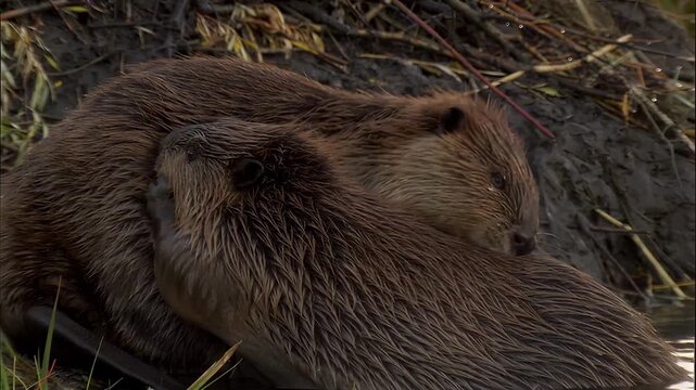 Two beavers cuddling in shallow water near a muddy bank with reeds