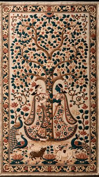 Traditional Kalamkari painting of Radha and Krishna beneath a flowering Kadamba tree, graceful flowing garments with intricate floral motifs, surrounded by peacocks.