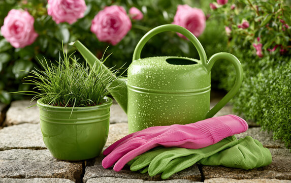 Green watering can and gardening gloves rest on stone path beside potted plant with pink flowers blooming in garden background