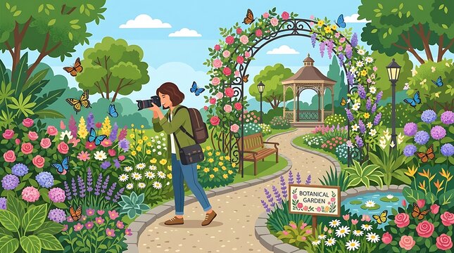 Woman photographer captures vibrant butterflies amidst blooming flowers in a lush sunny botanical garden