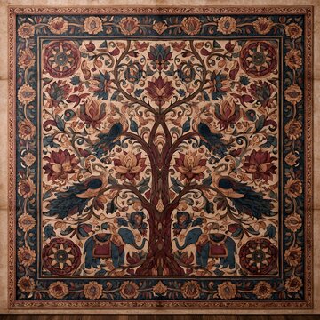An intricate Kalamkari wall art featuring the sacred Tree of Life, surrounded by peacocks, blooming lotuses, curling vines, elephants, and floral mandalas.