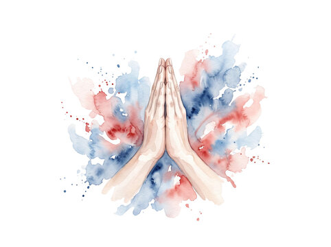 Praying hands with watercolor splash. Hands in namaste gesture with artistic paint effect.