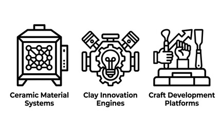Obraz premium Ceramic material science and craft innovation icon set with material innovation technology manufacturing industrial development platform production engineering artistic creative automation