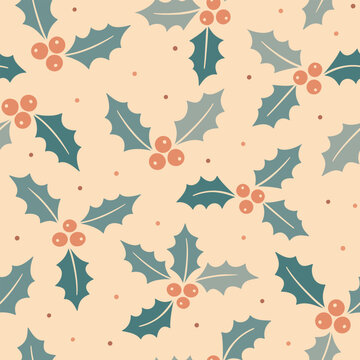 Christmas seamless pattern with holly leaves, berries, dots, and soft cream background