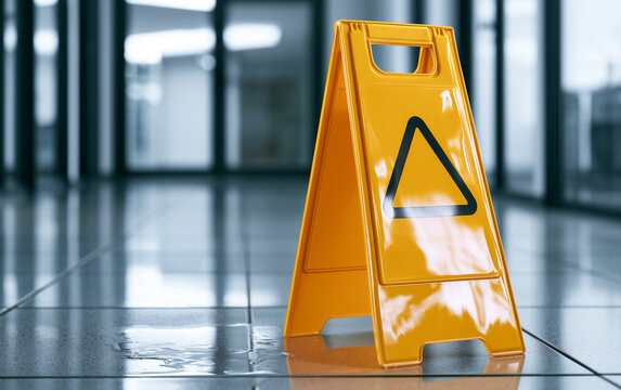Bright Yellow Safety Sign Warning of Wet Floor in Brightly Lit Corridor