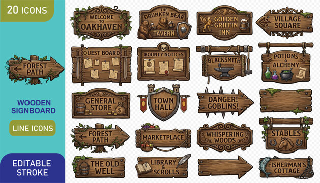 Twenty pixel art wooden signboards: medieval taverns, inns, shops, quest boards, and directional signs.