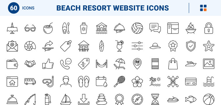 Beach resort website art line icon set. Vector pictograms of tropical, vacation, oceanfront, and hotel elements, thin linear illustration.
