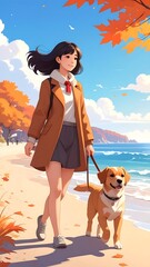 Obraz premium An anime-style illustration of a person walking a dog on a sunny beach, with autumn foliage framing the view