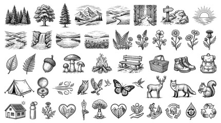 Obraz premium Nature and healthy rest icon set with green landscape fresh air and forest path for web design