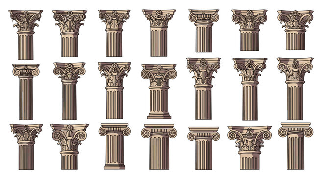Detailed illustrations of classical greek and roman column capitals featuring various ornate architectural styles from the doric and ionic orders.