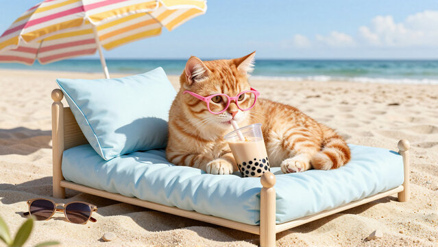 Whimsical Cat in Sunglasses Sips Beverage on a Sunny Beach