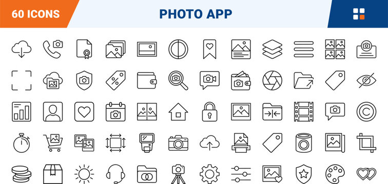 Photo sharing app line icon set. Vector pictograms of photography, image gallery, camera settings, and cloud sync elements, thin linear illustration.