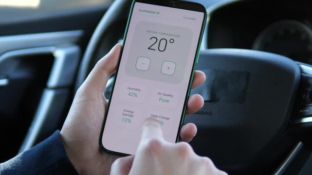Smartphone dashboard displays home climate and energy data, highlighting sustainable technology, intelligent automation and real-time environmental monitoring.