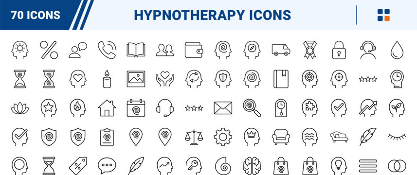 Hypnotherapy practice website art line icon set. Vector pictograms of hypnosis, hypnotherapist, mind, and therapy elements, thin linear illustration.