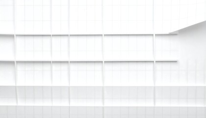 Fototapeta premium An abstract, minimalist architectural rendering showcasing a white, grid-like structure with receding shelves. The scene is brightly lit with a clean, geometric design