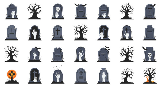 Creepy collection of cemetery icons featuring various tombstones graves spooky trees zombie hands and bats for halloween and horror themes.