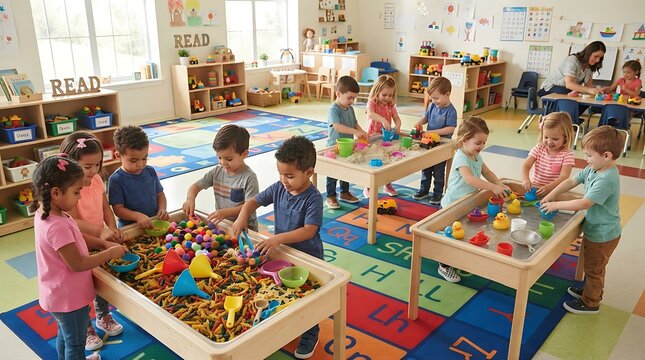 Diverse preschool children playing at sensory activity tables in a colorful kindergarten classroom