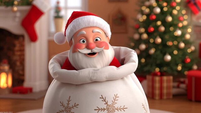 Funny cartoon Santa Claus with a gift bag in the room