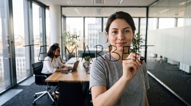 Junge Frau schreibt selbstbewusst das Wort Teamarbeit mit Marker auf eine Glaswand im modernen B&uuml;ro