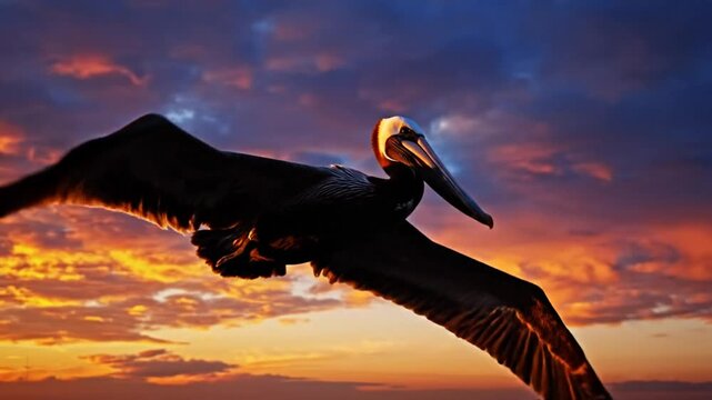 Graceful brown pelican soaring against a vibrant sunset sky, showing intricate detail and majestic beauty in flight