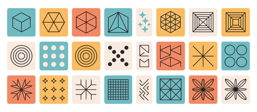 Set of abstract geometric icons featuring various thin line shapes like squares circles triangles and crosses arranged in colorful rounded square frames