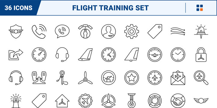 Flight school kit line icon set. Vector pictograms of aviation, pilot, training, and website elements, thin linear illustration.