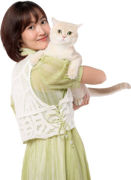 Happy asian woman hug cute white cat holding pet lovingly isolated on transparency background showing joyful smile bond affection domestic animal relationship. PNG file format