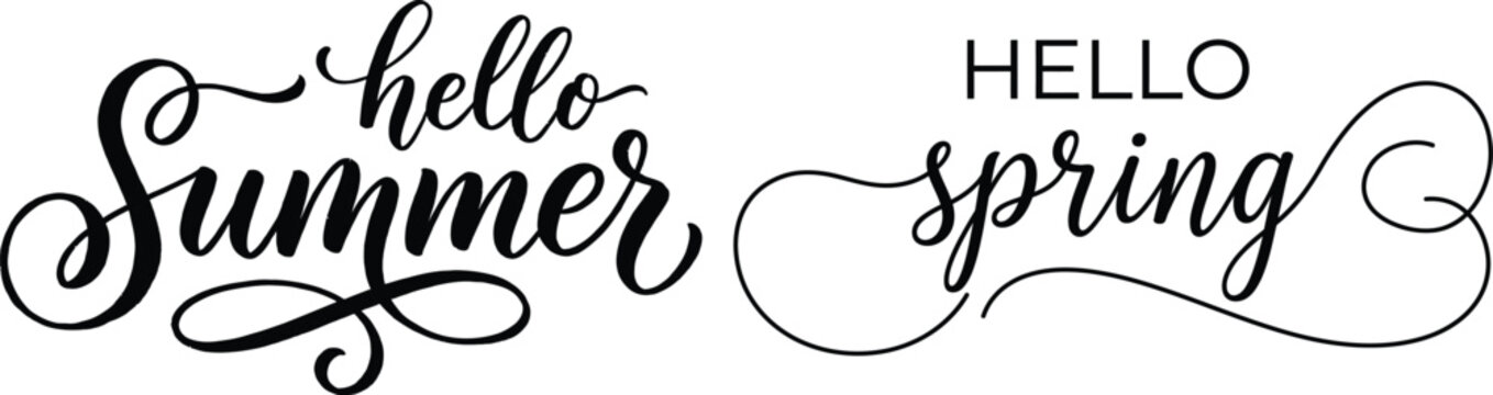 Hello summer and hello spring hand lettering calligraphy isolated on transparent background silhouette